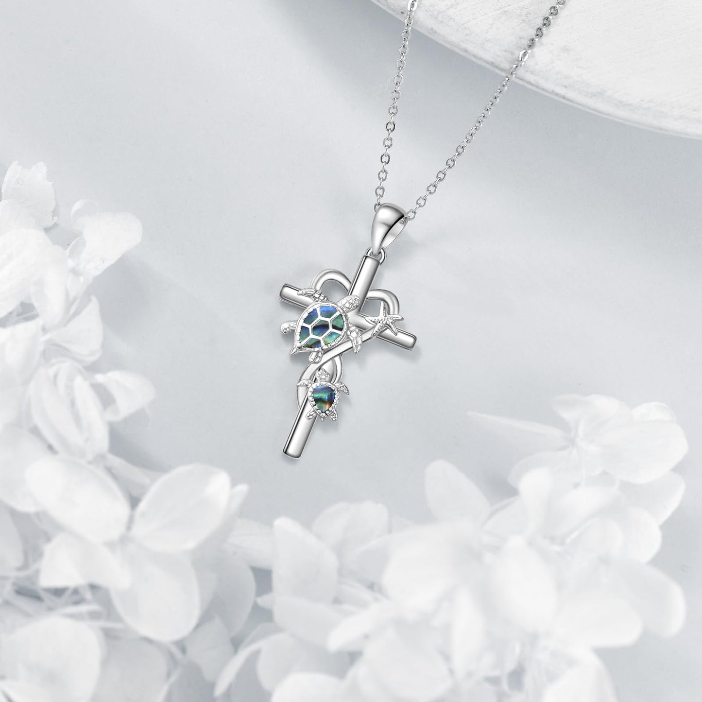 POPLYKE Cross Turtle Necklace for Women 925 Sterling Silver Cross Necklace Abalone Shell Turtle Jewelry for Women