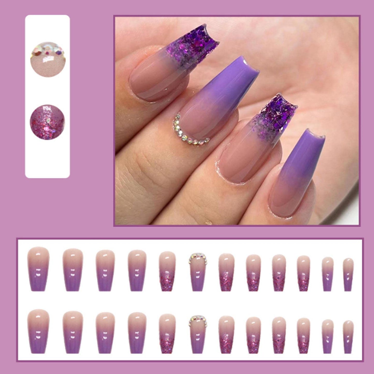 YoYoee Gradient Press on Nails Long Coffin False Nails Bling Fake Nails Full Cover Purple Nails Tips for Women and Girls 24PCS