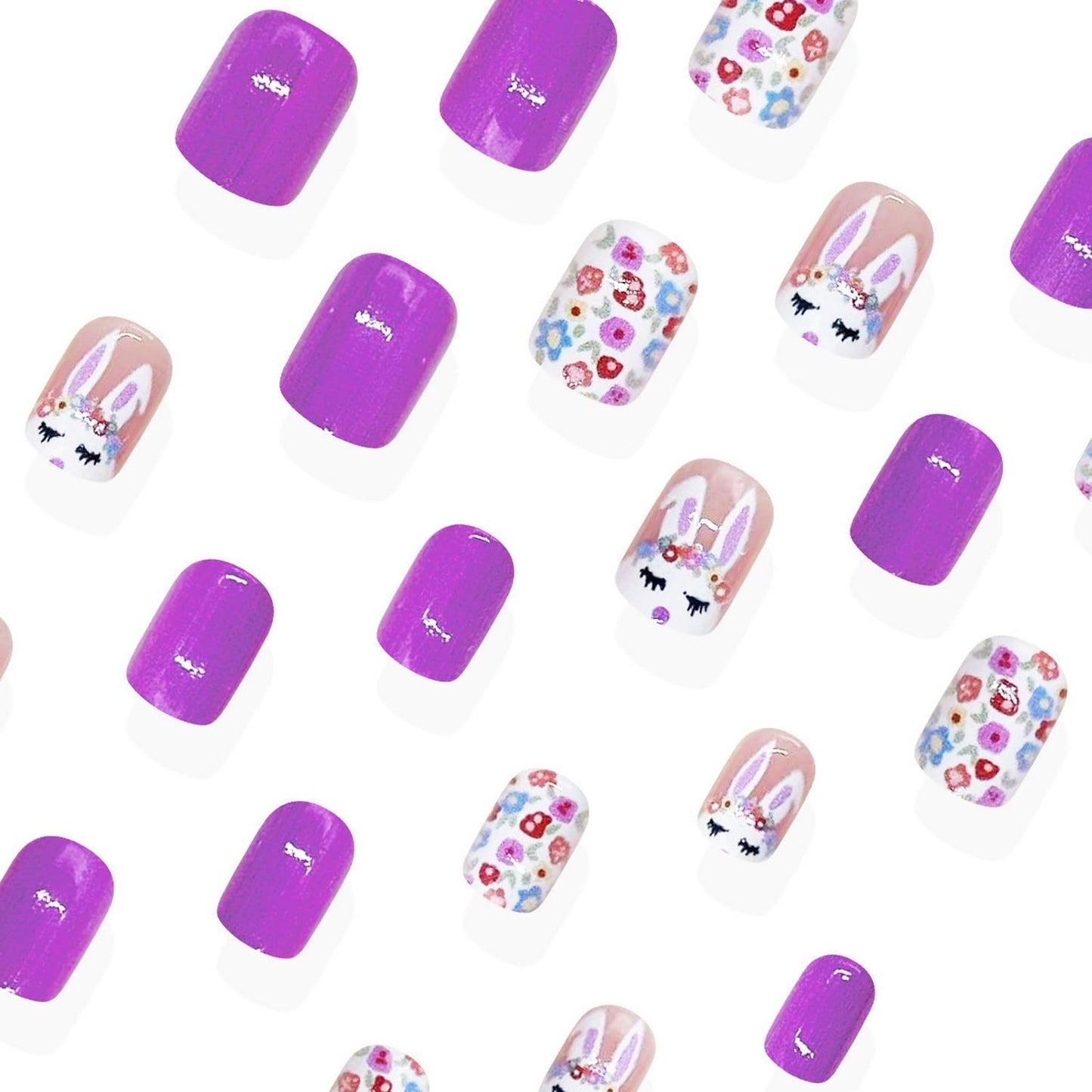 24pcs Easter Press on Nail Short Square Fake Nails with Flower designs Cute False Nails Glossy Purple Press ones Bunny Stick on Nail Full Cover Spring Acrylic Glue on Nails for Women Decor