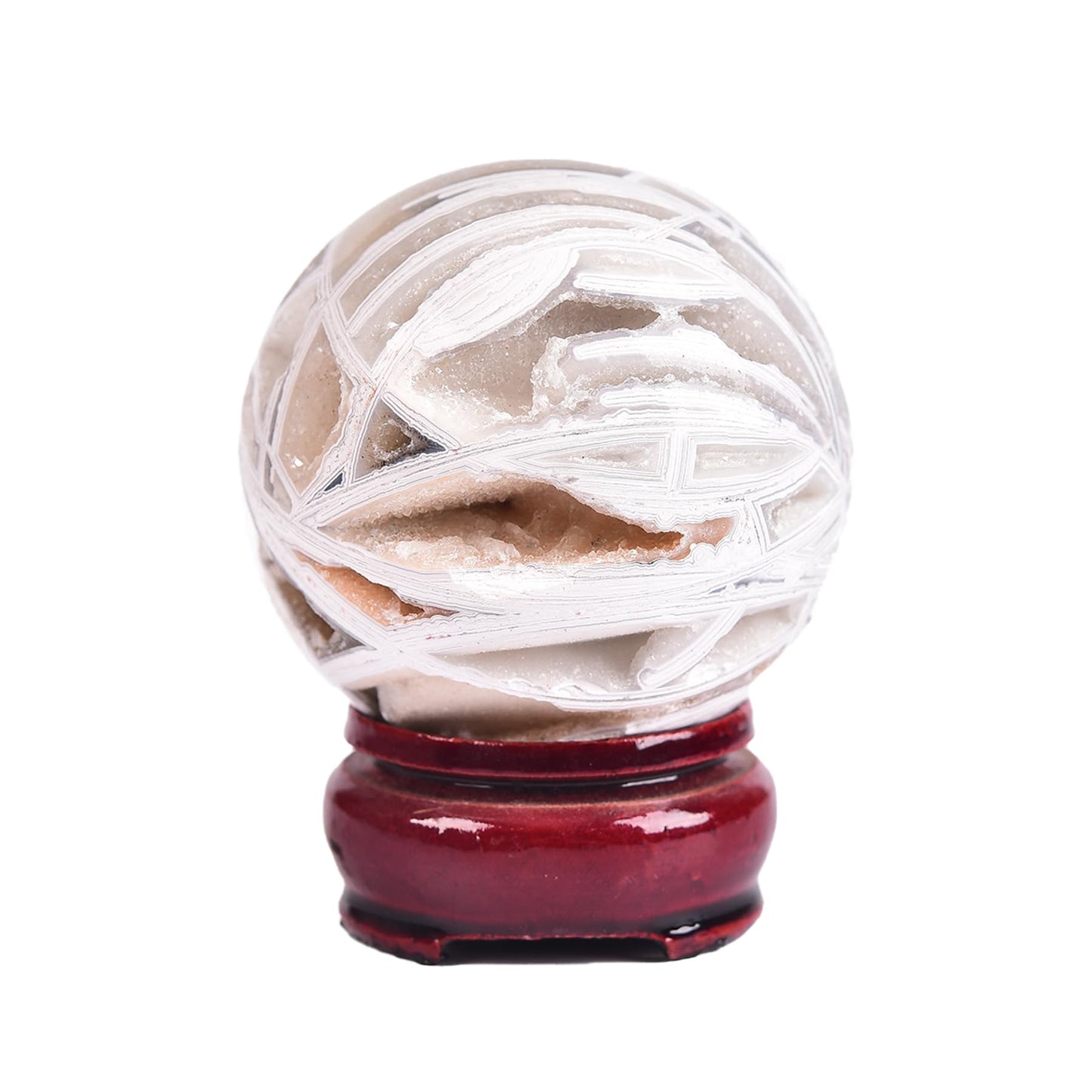 JIC Gem Natural Mexican White Agate Crystal Sphere Crystal Decorative Ball with Wooden Stand Meditation Balls for Witchcraft Reiki Gift 50-60mm