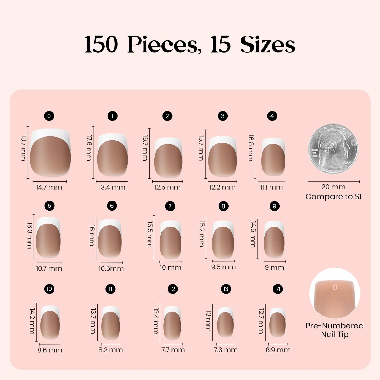 Beetles X Press Plus French Tip Nails - Caramel French | Brown Short Square French Tip Press On Nails | 15 Sizes 150 Pcs Natural Salon Quality Nail Tips