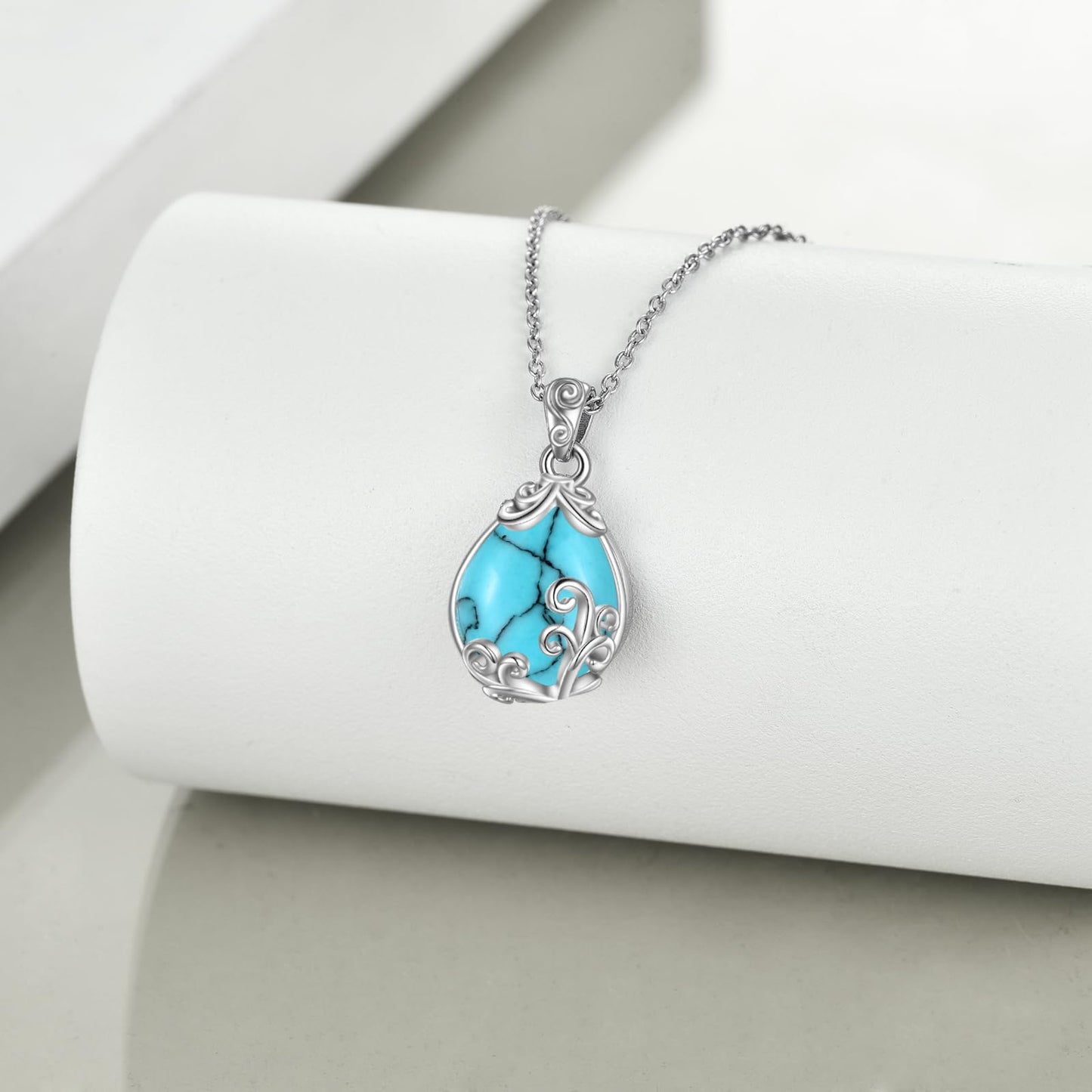 POPLYKE Sterling Silver Turquoise Filigree Teardrop Pendant Necklace Gemstone Crystal Jewelry for Women