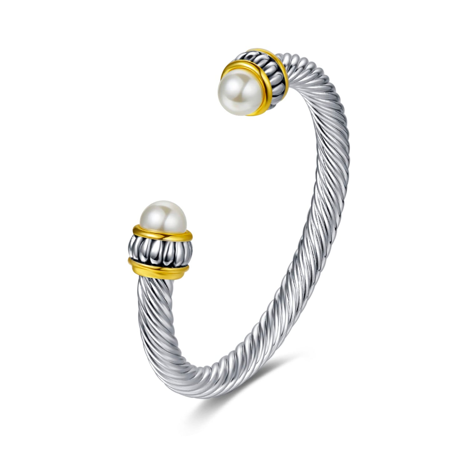 UNY JEWEL Jewelry Make a Statement Two Tone Twisted Cable Wire Caviar Imitation Pearl Cuff Bangle Makes a Stylish Christmas Gift (Two Tone Cream)