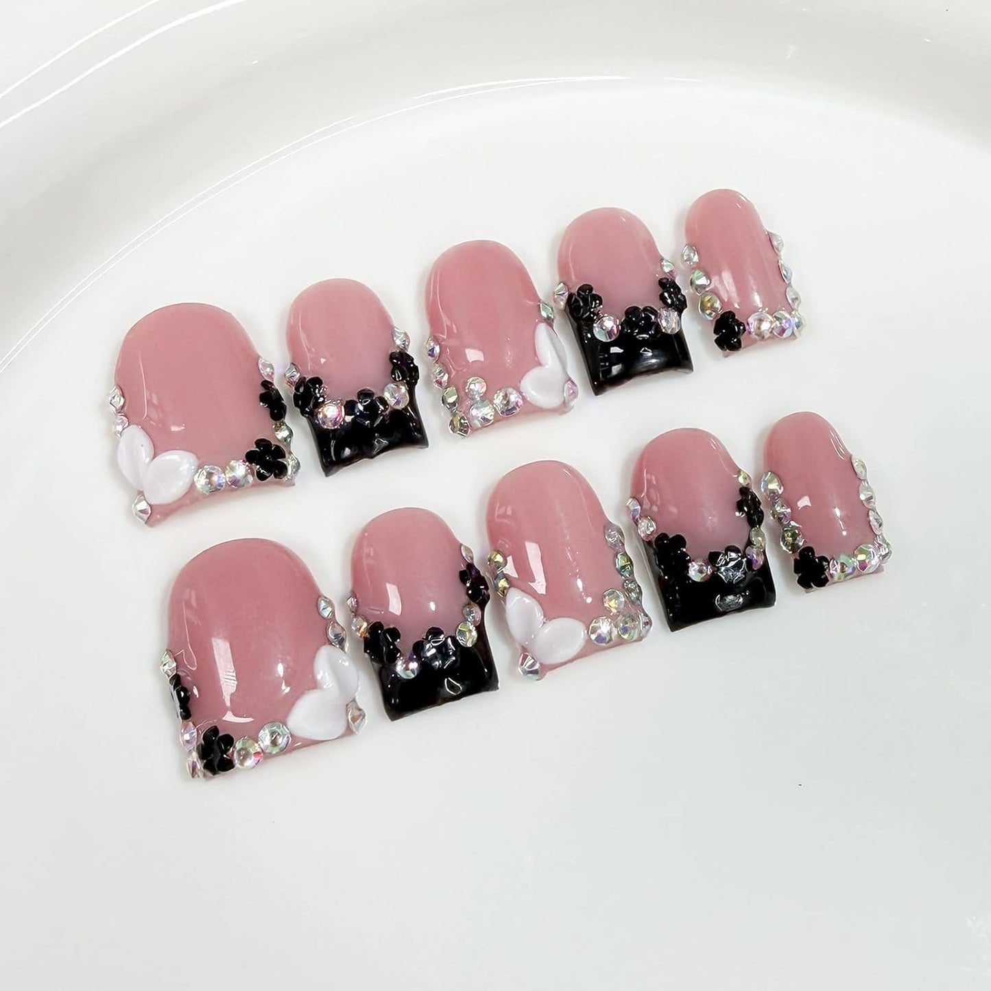 10Pcs Short Square Handmade Press On Nails | Easy Apply & Remove, Reusable Salon Quality Nails | Y2K Chic Nude Pink Fake Nails with 3D Heart, Black Flower & Rhinestone Accents(O905, S)
