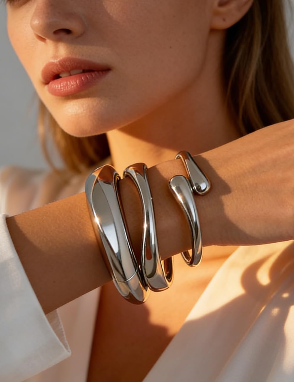 Chunky Silver Bangle Bracelets for Women, Dainty 14k Silver Plated Big Statement Bangles Set, Trendy Cuff Bracelet Stack Fashion Gift Ideas
