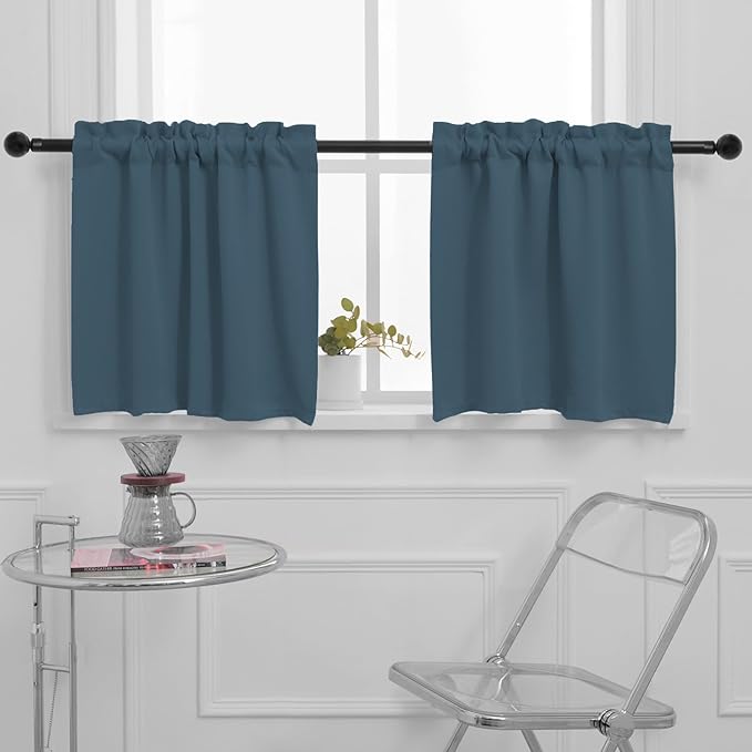 Pickluc Blackout Kitchen Curtain 20 Inches Long, Rod Pocket Cafe Tier Curtains for Small Window Treatment in Living Room, Basement, RVs, Cabinets, 2 Panels, W24 X L20 Inch, Stone Blue