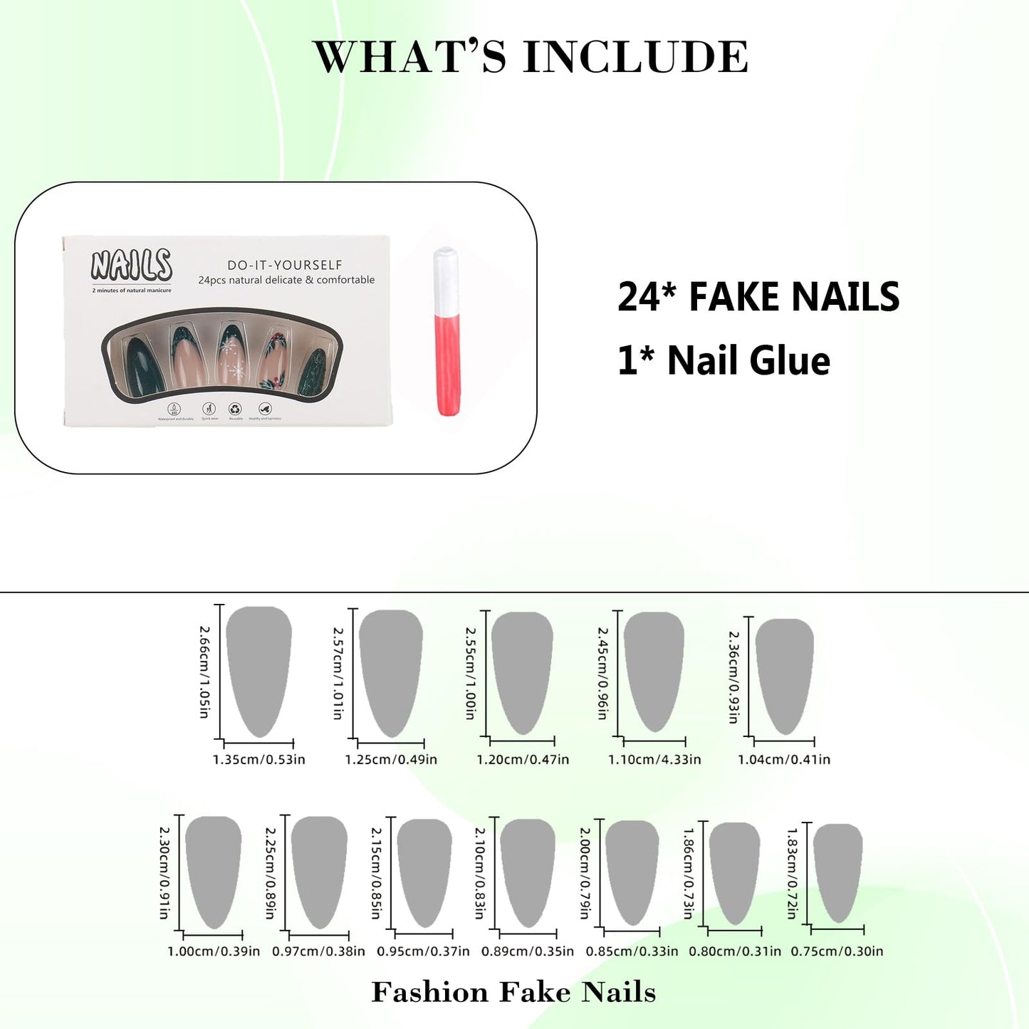 IMRAIN French Tip Press on Nails Medium Almond Fake Nails Green Glitter Acrylic False Nails Full Cover Glossy Stick on Nails for Women