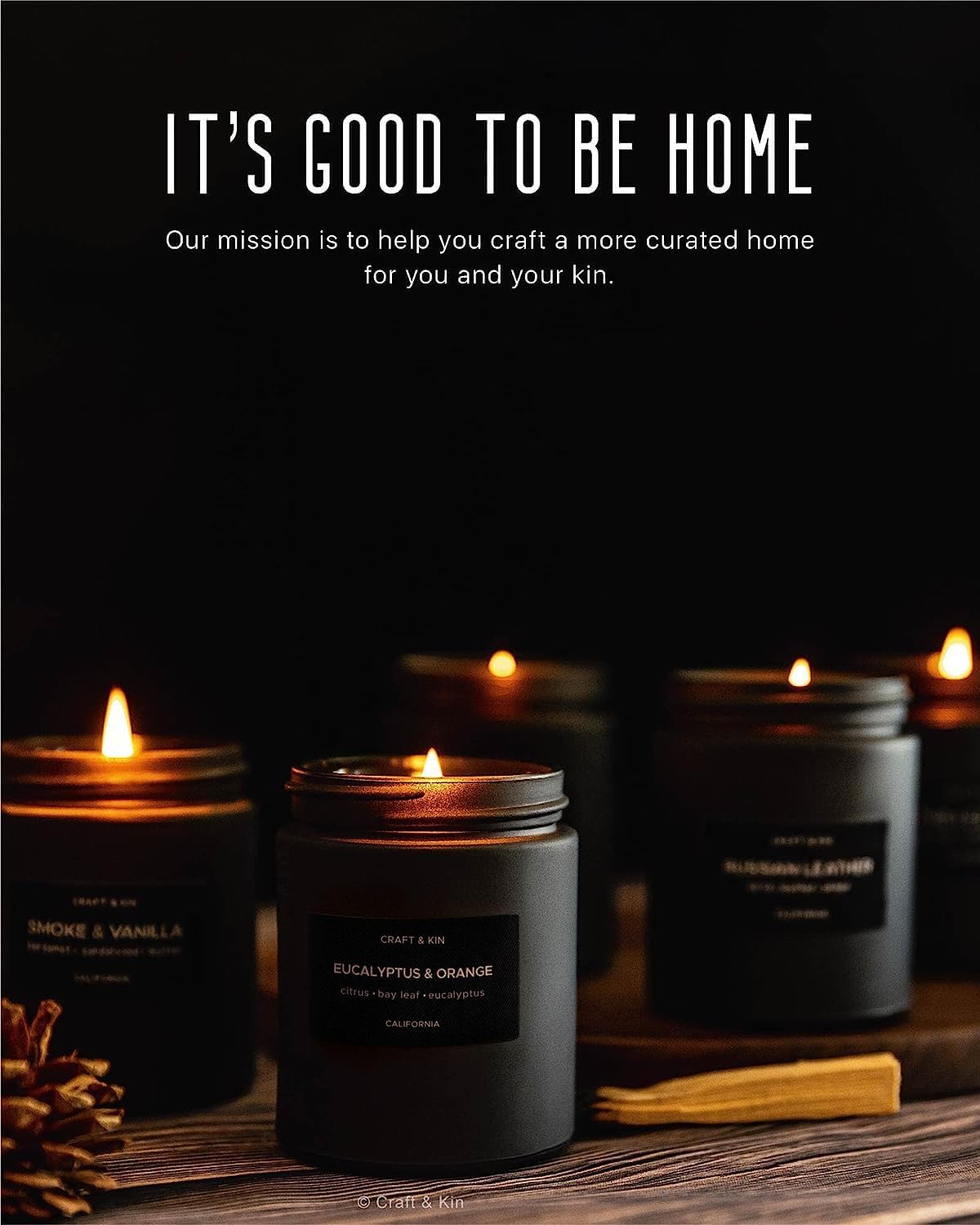Craft & Kin Premium Orange & Eucalyptus Candle | Black Scented Candles for Home | Long Lasting with 45 Hour Burn Time, 7.6oz | Soy Candle | Aromatherapy at Home | Gifts for Men