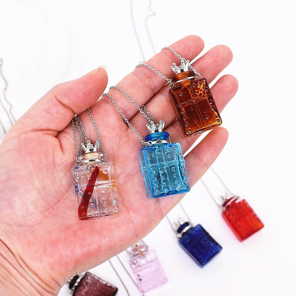 Handcrafted Glaze Glass Square Refillable Essential Oil Necklace Pendant - Aromatherapy Perfume Diffuser Pendant with Stainless Steel Chain (Grape Purple)