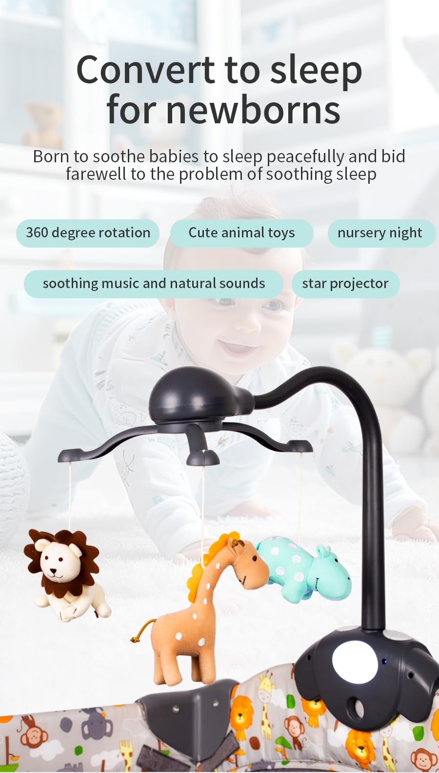 CUTIE PUMPKIN Baby Crib Mobile for Pack and Play,Bassinet Mobile with Music,Rotation,Nursy Lights,Natural Sounds,Timer Function,Starlight Projection,Pack n Play Crib Mobile Toys for Newborn Baby