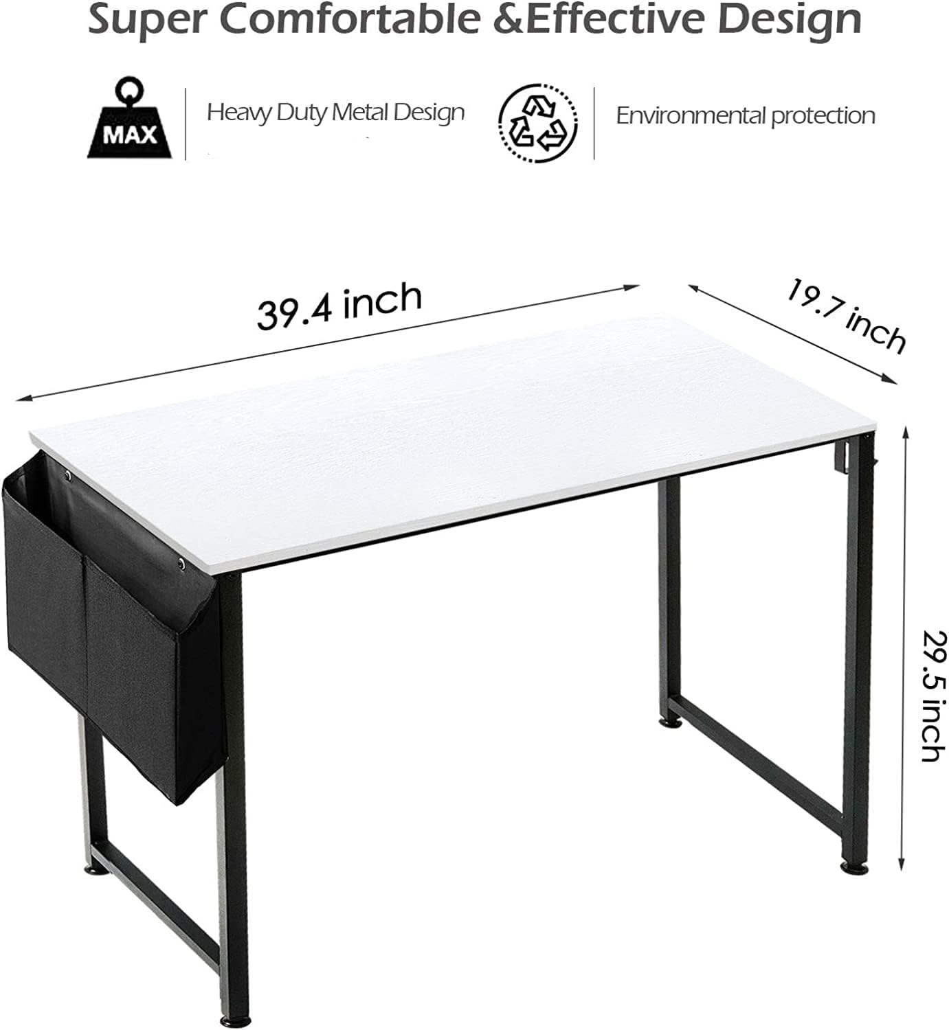 Lufeiya Computer Desk White Writing Table for Small Spaces Home Office 39 Inch Modern Study PC Desk with Storage Bag Hook, White Black