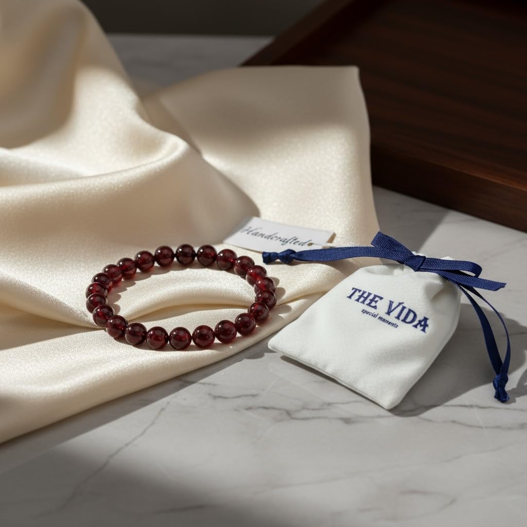 The Vida Handmade AAA+ Quality Crystal Stretch Elastic Bracelet - Nature Gemstone - Jewelry Gift - Holiday Gift - For Women & Men (Garnet)