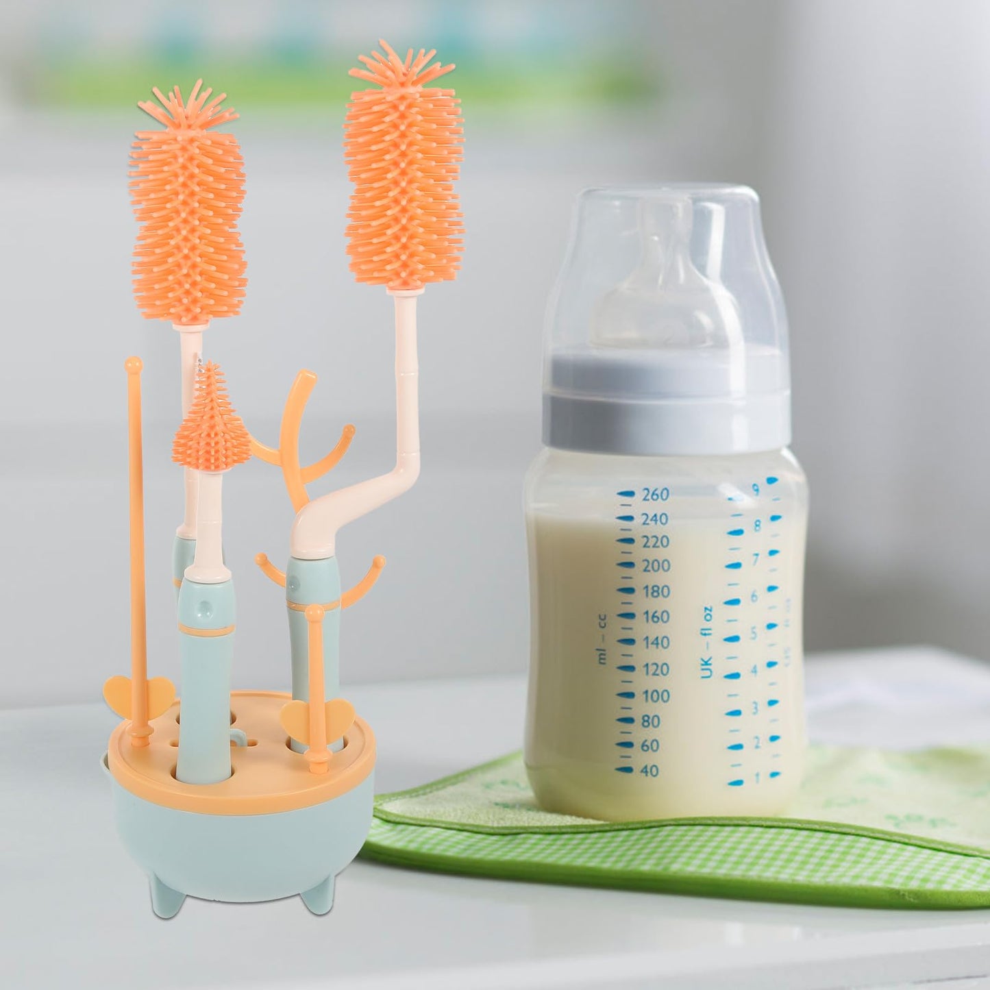 FRCOLOR Bottle Brush Set with Long Handle and Straw Cleaning Brush for Feeding, Blue Multi-piece Household Cleaning Kit with Drying Rack Suitable for Travel and Daily Use