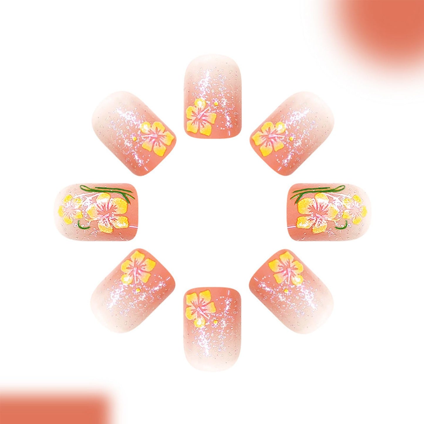 Short Press on Nails Square Fake Nails with Yellow Flower Designs Gradient Glitter Nail Tips Cute Floral Press on False Nails Spring Summer Flowers Glue on Nail for Women 24Pcs