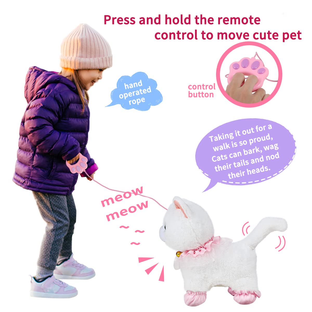 Jimate Interactive Electronic Plush Toy Walking and Barking Robot Cat Plush Cat Remote Control Kitten for Girls (White Cat)