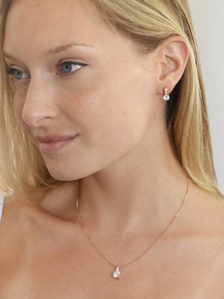 Mariell 14K Rose Gold Plated Round-Cut Cubic Zirconia Necklace Earrings Set for Brides, Bridesmaids & Everyday Wear