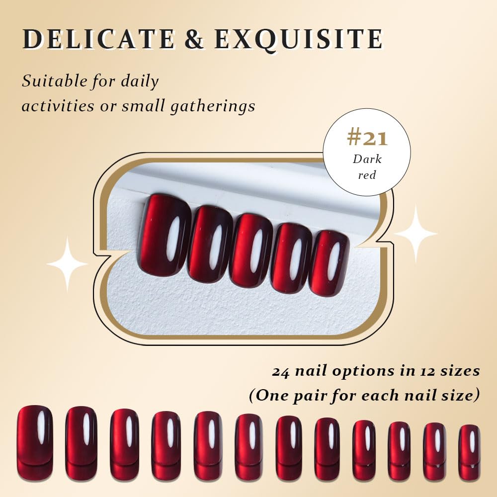 evpct Dark Blood Red Metallic Cat Eye Press on Nails Square Medium, Stick on Nails Medium Length Square for Women, Red Metallic Nail press ons, Iridescent Glitter Halloween Acrylic Fake Press on Nail