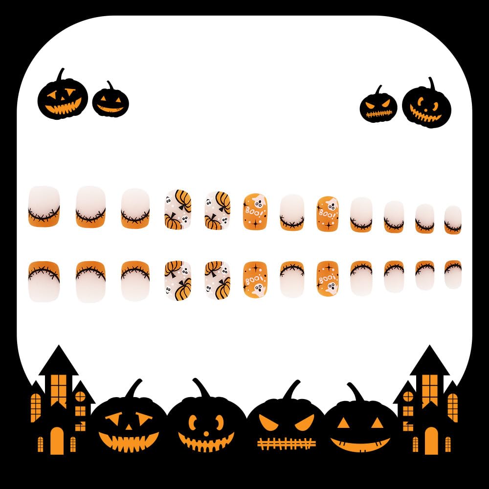 Halloween Press on Nails Short Square Fake Nails Orange Matte Acrylic Nail with Pumpkin Ghost Designs Glue on Nails French Tips False Nail Stick on Nail for Women 24Pcs