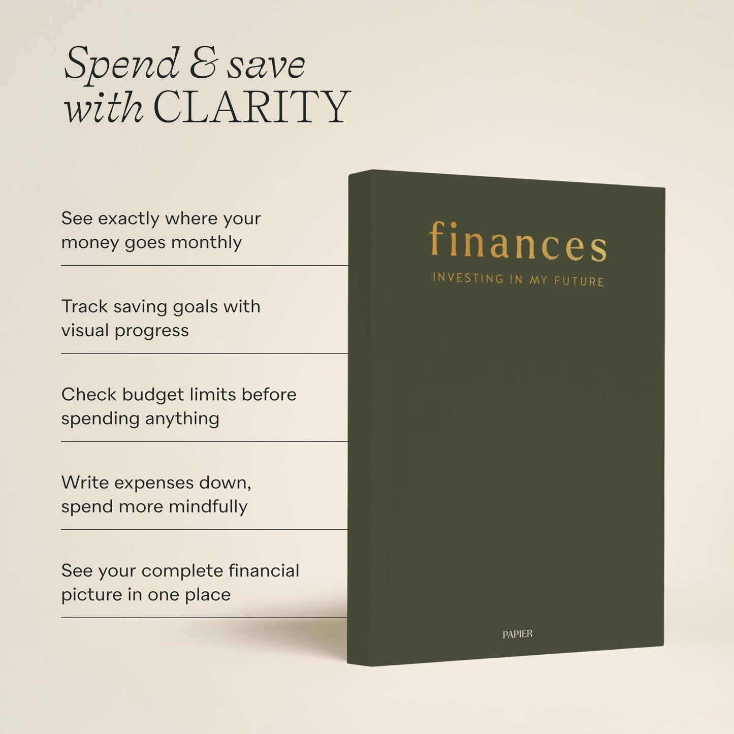 Papier Shine Finance Planner - Olive Hardback | Track Expenses, Savings, Outgoings | Undated | Includes Money Tracker, Daily & Monthly Calendar, & Monthly Budget Section | Budgeting Gift For Students