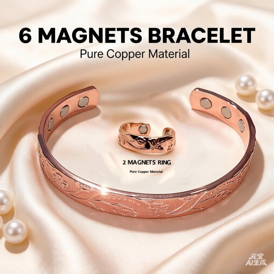 LONGRN-Pure Copper Magnetic Bracelet & Ring Adjustable Size for Women