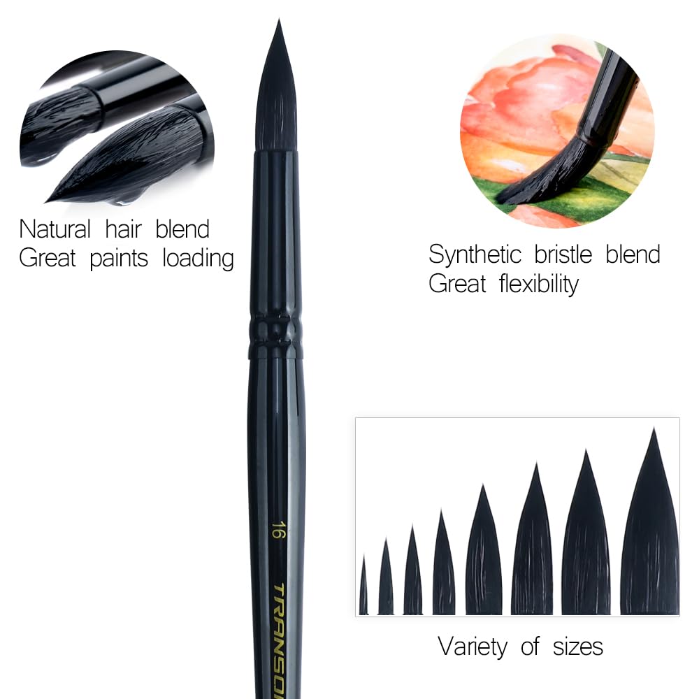 Transon 8pcs Round Watercolor Paint Brush Set Goat Hair for Watercolors,Acrylics,Inks,Gouache,Oil and Tempera Black Color