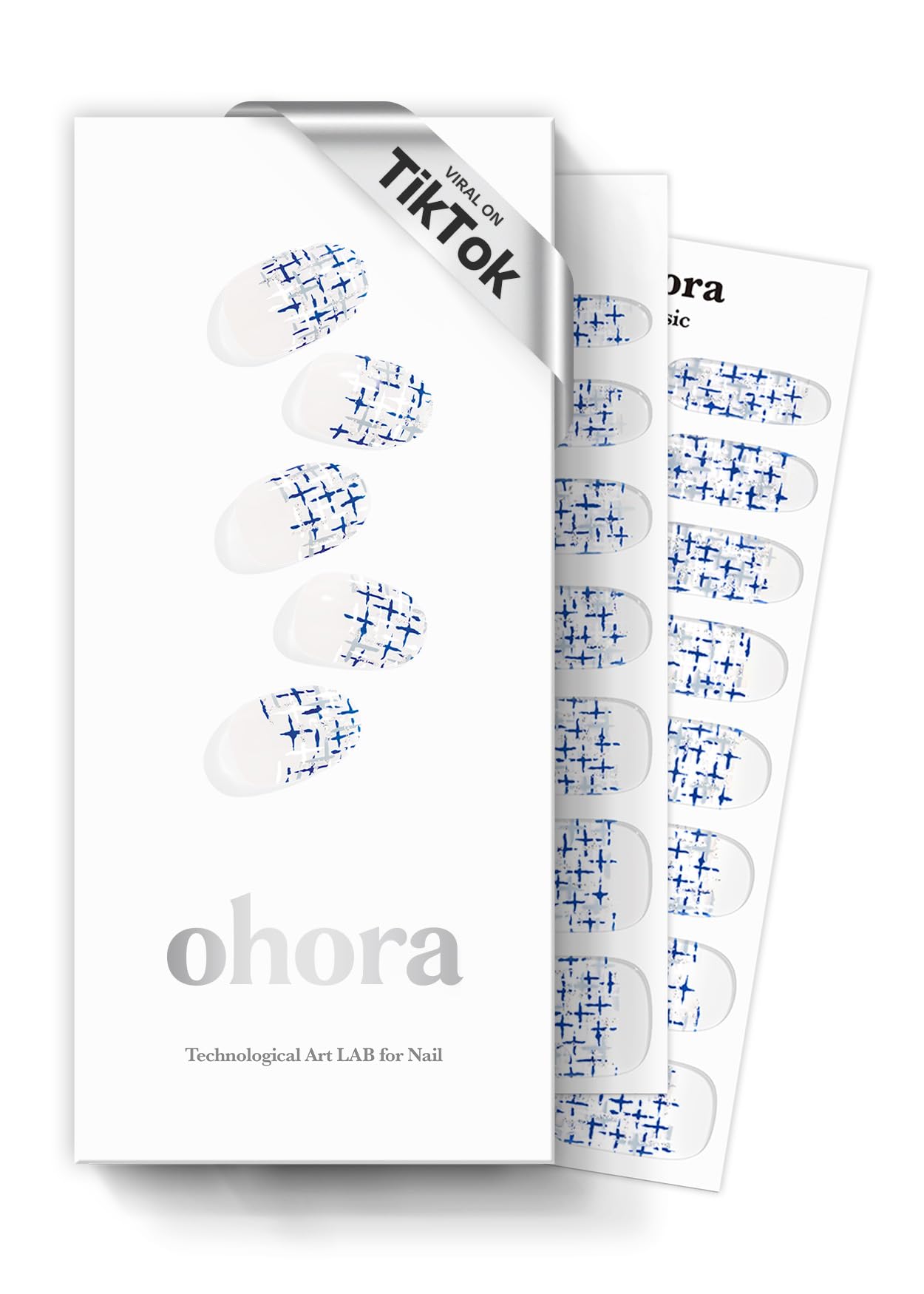 ohora Semi Cured Gel Nail Strips (N Tweedy) - Blue, Patterned, Works with Any UV/LED Lamps, Salon-Quality, Long Lasting, Easy to Apply & Remove - Includes 2 Prep Pads, Nail File & Wooden Stick