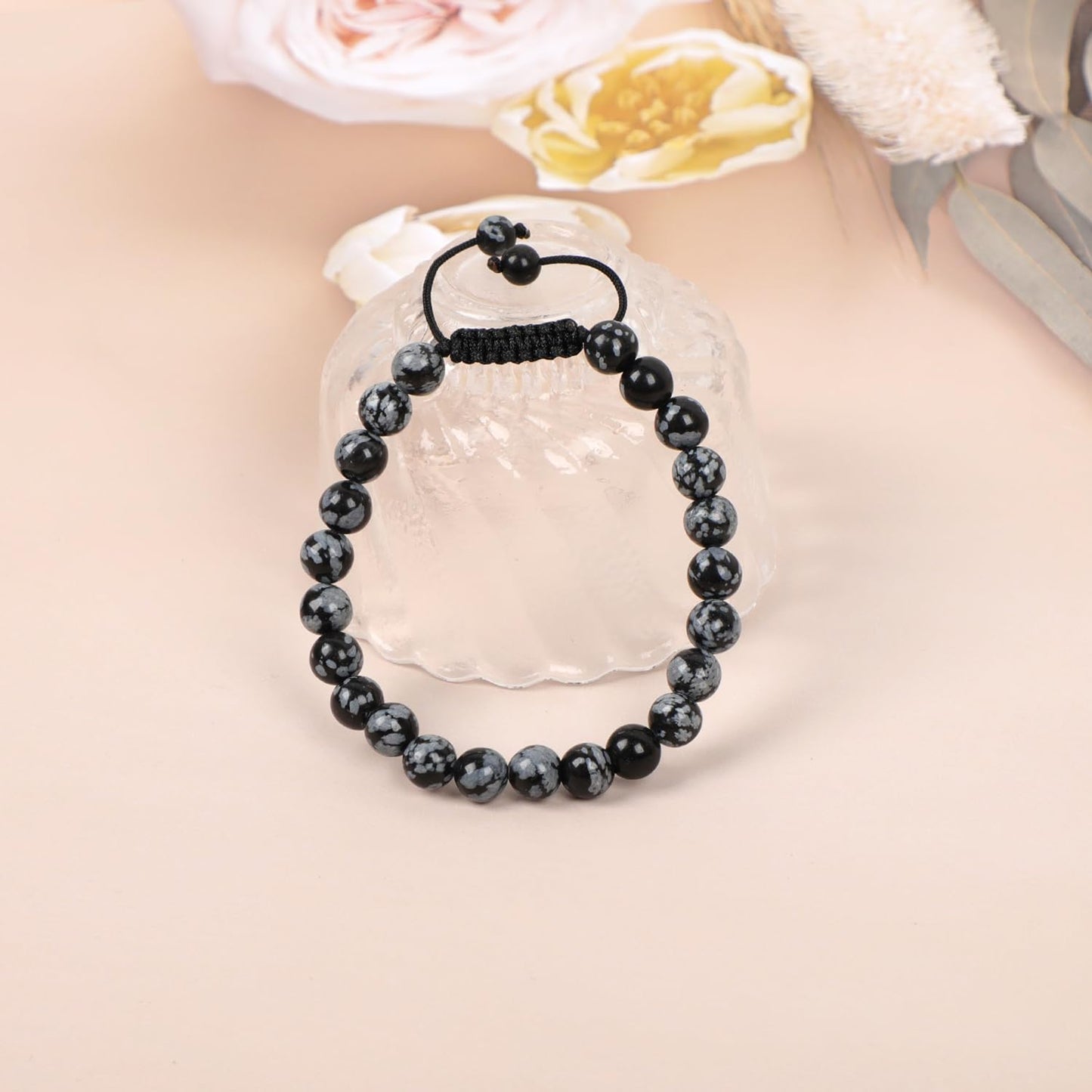 AD Beads Natural 8mm Gemstone Bracelets Healing Power Crystal Macrame Adjustable 7-9 Inch (Snow Flake)
