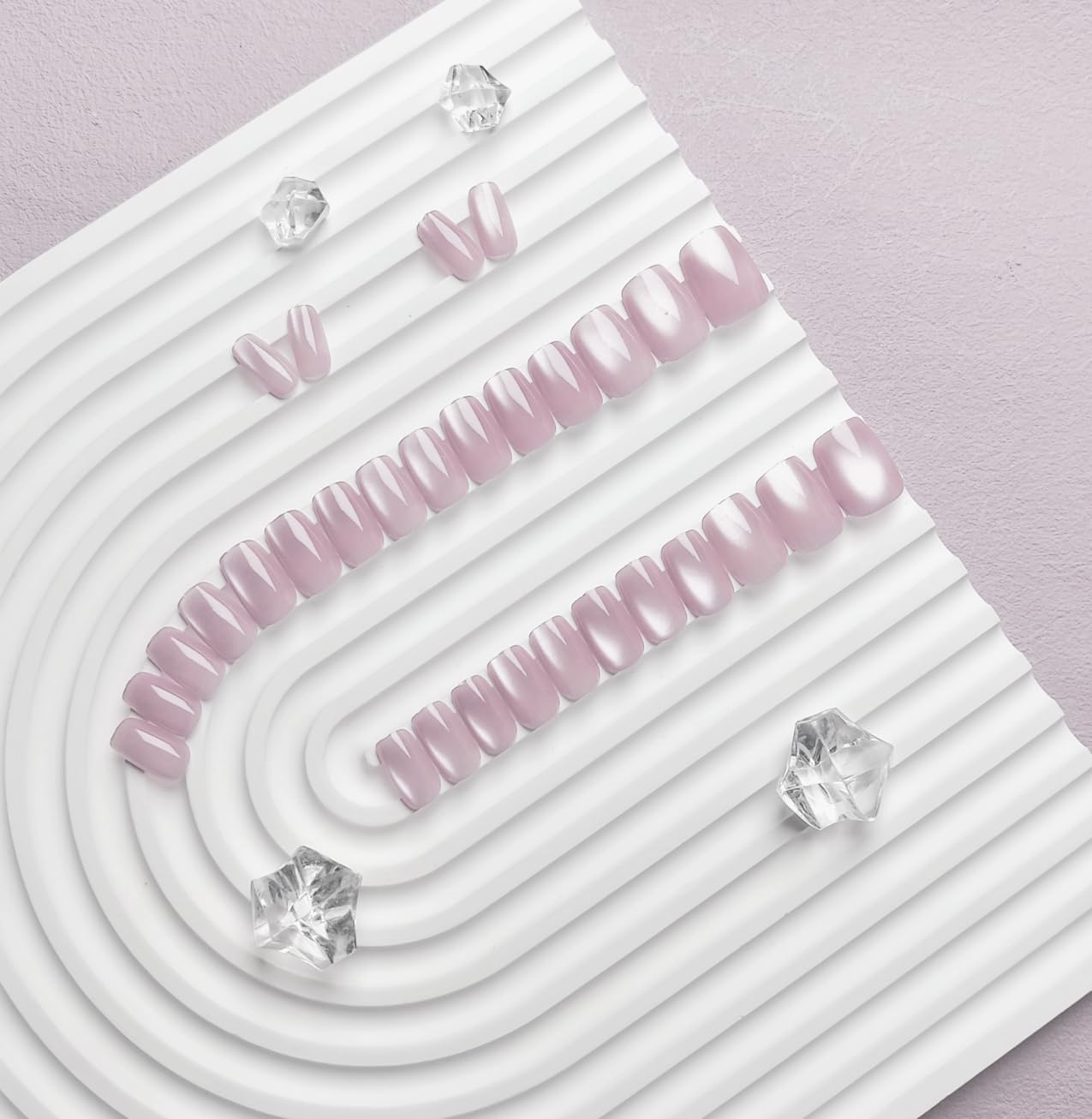KQueenest Cat Eye Press on Nails Short, 30 Pcs Acrylic Press on Nails Square, Glass Muted Pastel Pink Fake Nails Press on Short, Sparkly Chrome Design, Reusable Soft Gel Glue on Nails for Women Gift