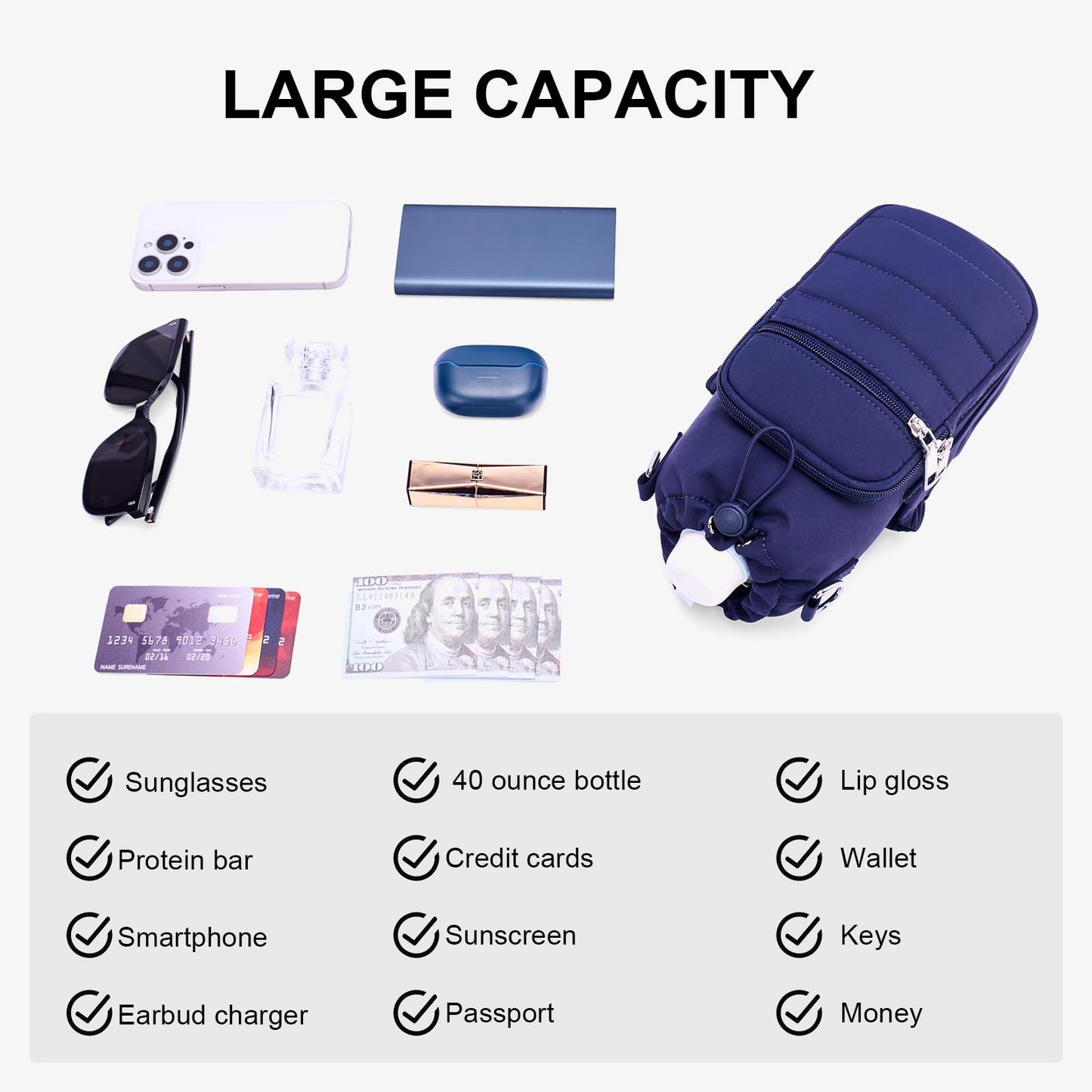 Lexiyat Water Bottle Bag 40 oz Crossbody Water Bottle Holder for Walking Hiking Insulated Compartment Carrier Purse with Adjustable Strap Blue
