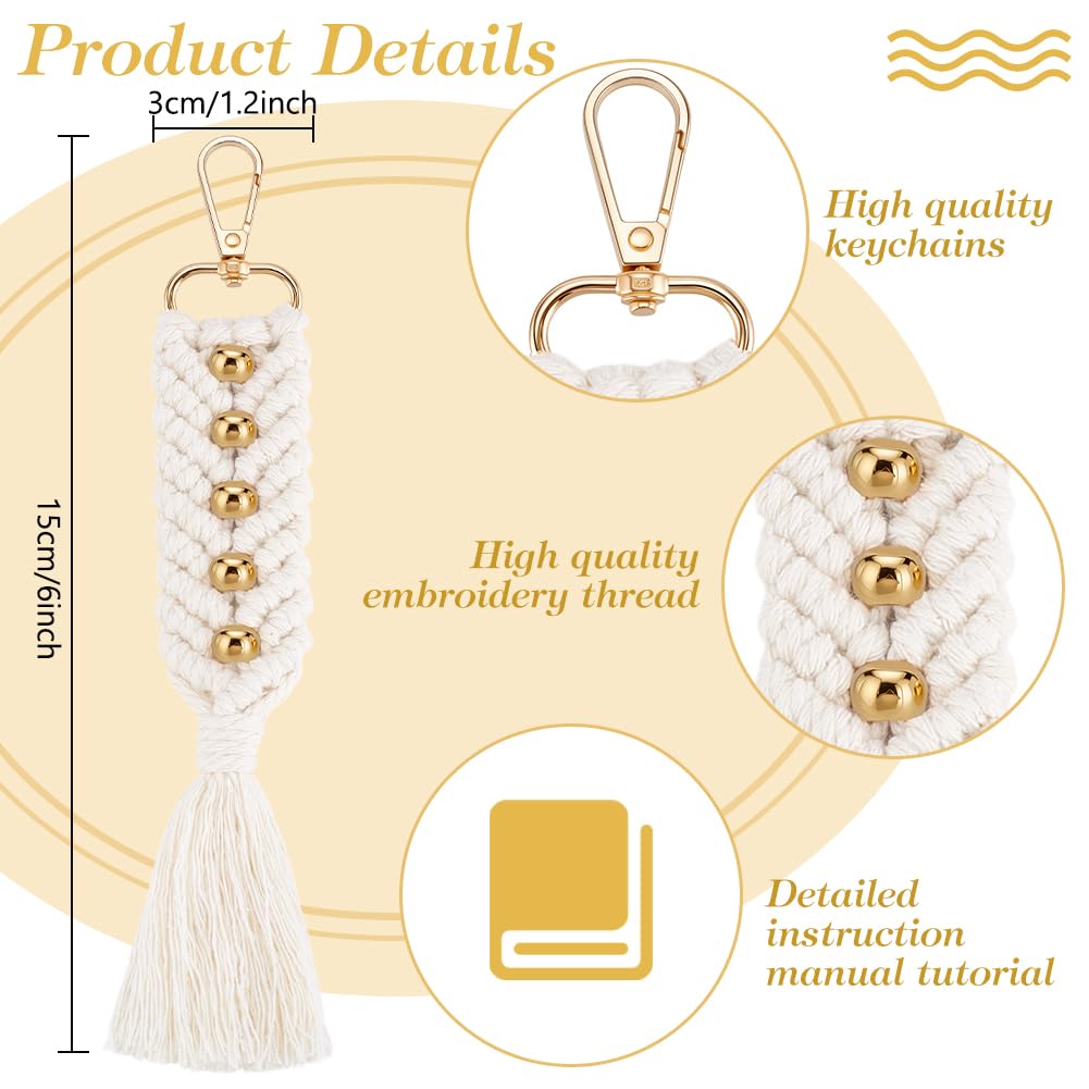 INFUNLY 6pcs DIY Macrame Keychain Kits with Golden Beads Boho Keychain Making Kit for Adult Beginner with Instruction DIY Crafts Projects Handmade Keyrings Knotting Set for Car Key Phone Wallet