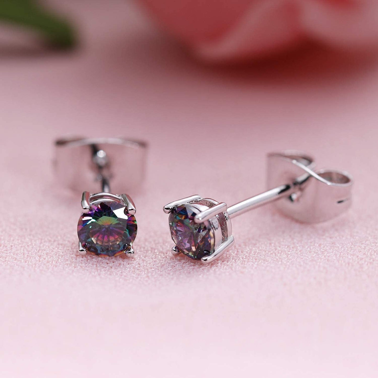 Created Rainbow Quartz Mystic Topaz 4mm Round Small Studs Ear Piercings Earrings 18K White Gold Plated CZ Stud Earingings Women Mens