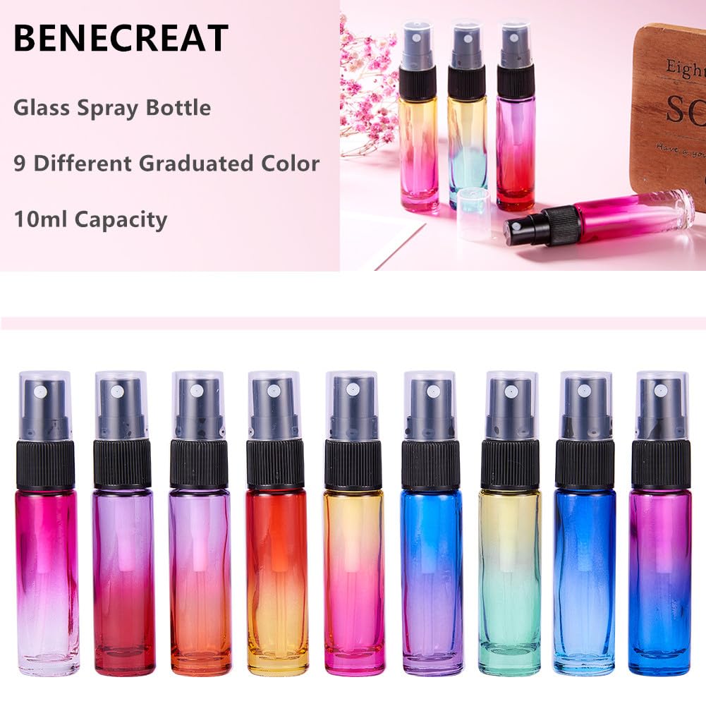 BENECREAT 9 Packs 10ml Rainbow Color Glass Spray Bottle, Refillable Fine Mist Spray Bottle for Perfume, Essential Oil, Travel Size Mini Spray Bottles