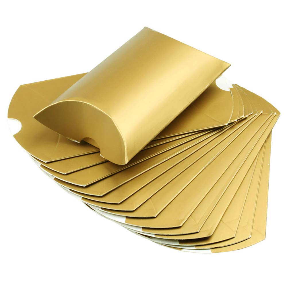 Aokbean 100 Pack Mini Pillow Candy Box Small Gift Boxes with 50 Yards Ribbon for Christmas Wedding Party Favor Gift, Jewelry or Soap Packaging (Gold)