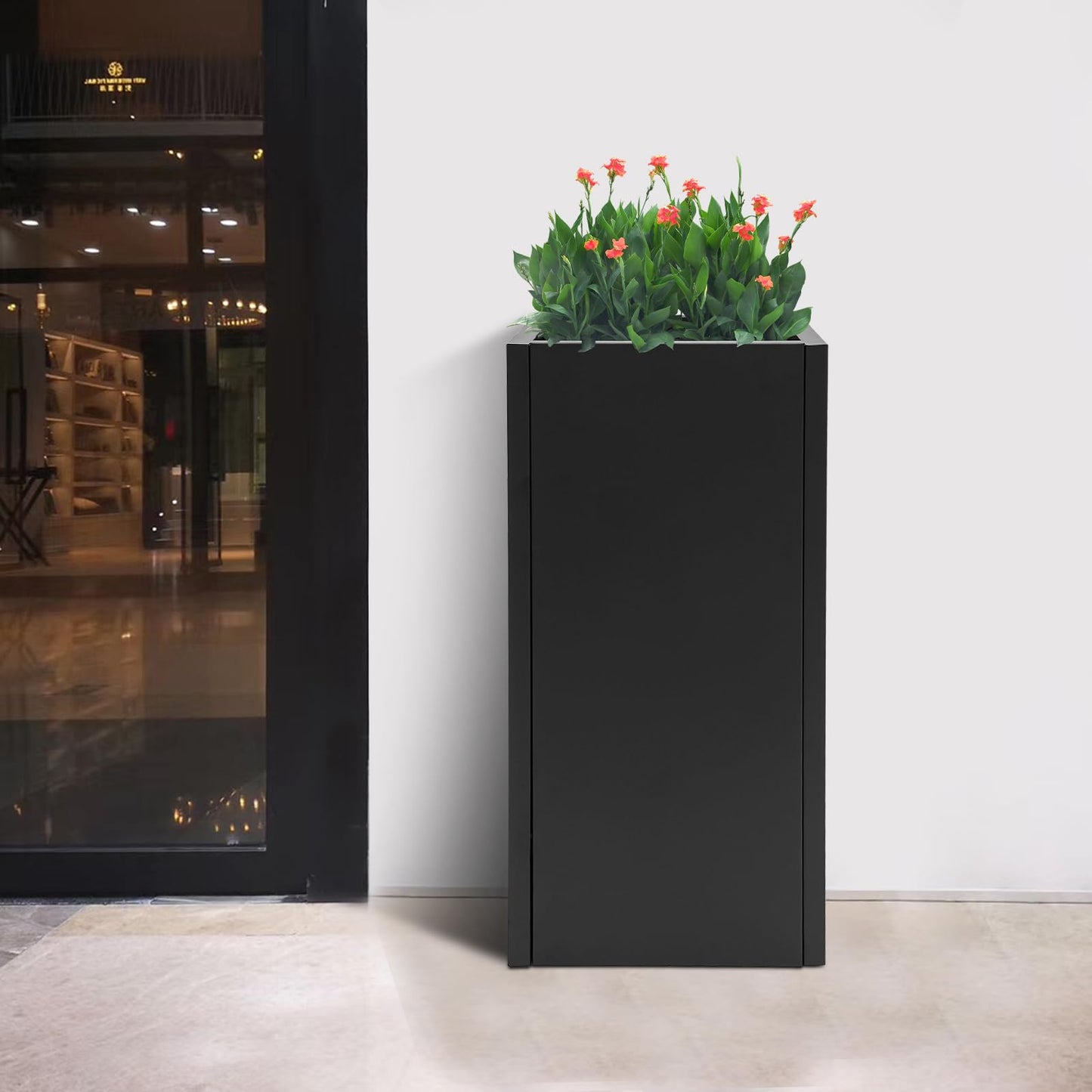 CheriMuMu Tall Outdoor/Indoor Planter Box, 14" L x 14" W x 30" H Heavy Duty Rectangular Large Flowerpot with Removable Shelf, Modern Column Metal Planter Box for Front Porch Patio, Black, 1 Pack