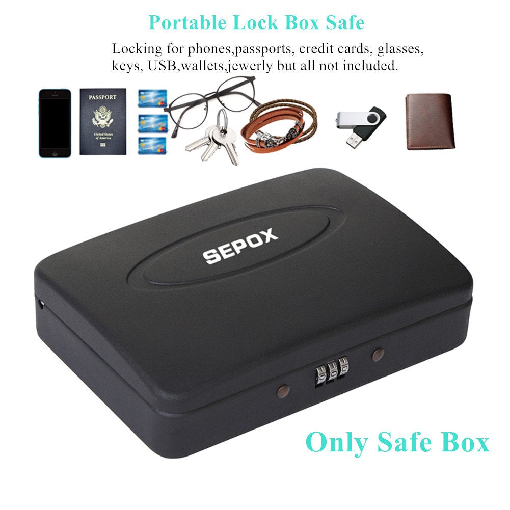 SEPOX® Water/Fire-Resistant Portable Security Case Lock Box Steel, Personal Travel Safe Storage Cabinet for Small Item, 3-Ft Cable, Ressetable Combination Lock for Dorm, Car, Sports, Office