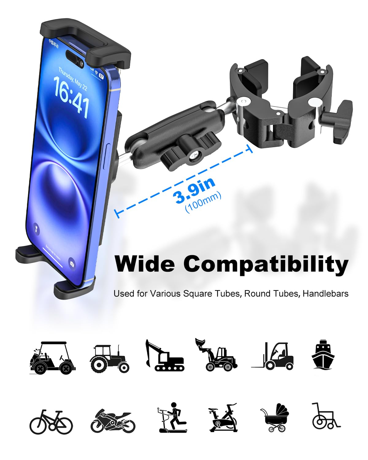 Kolasels Clamp Tablet Holder & iPad Clip for Square and Round Tubes, Heavy Duty Metal Tablet Mount for Golf Carts, Tractor, Excavator, Bulldozer, Loader, Crane, Forklift, Boat, Fit for 4-13" Devices