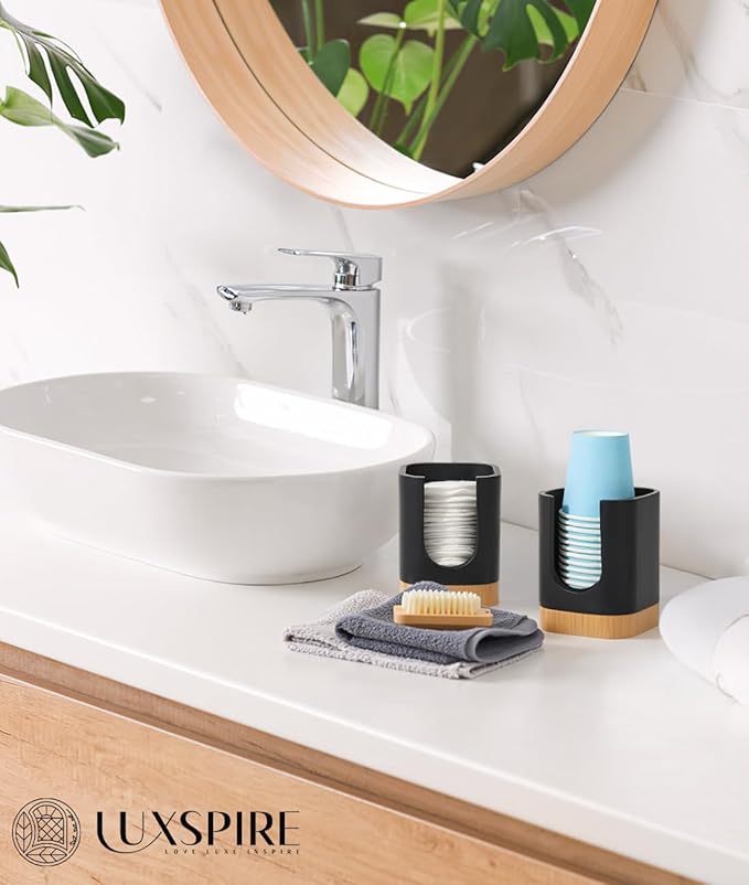 Luxspire Bathroom Cup Dispenser, Dixie Cup Holder 3-5oz, Disposable Paper Cup Holder for Bathroom, Cotton Pad Container, Guest Bathroom Essentials, Matte Black