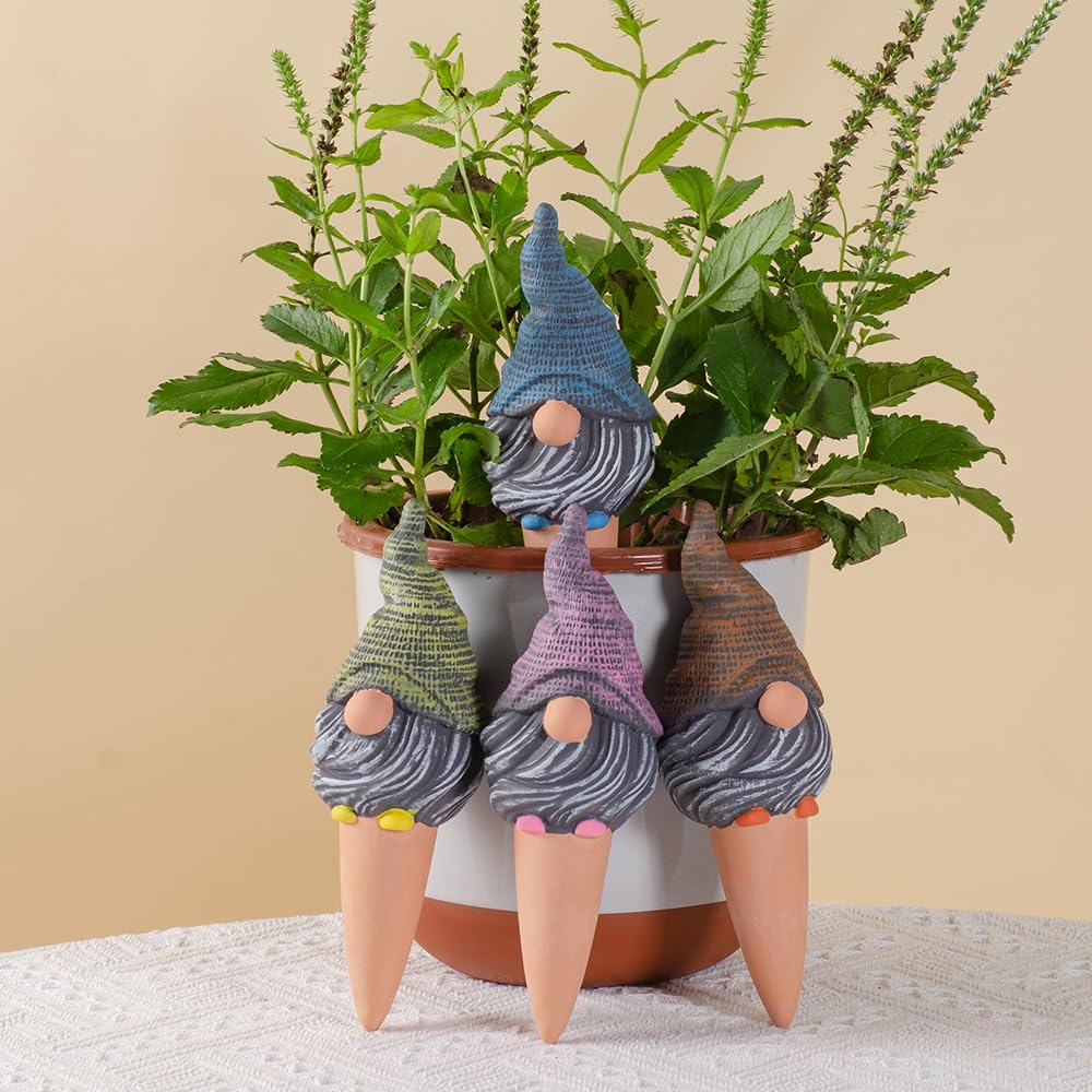 4 Pack Terracotta Watering Spikes, Vacation Self-Watering Planters Devices - Continuous Moisture with Slow Release Watering System - Perfect for Indoor Outdoor Plants (Gnome)