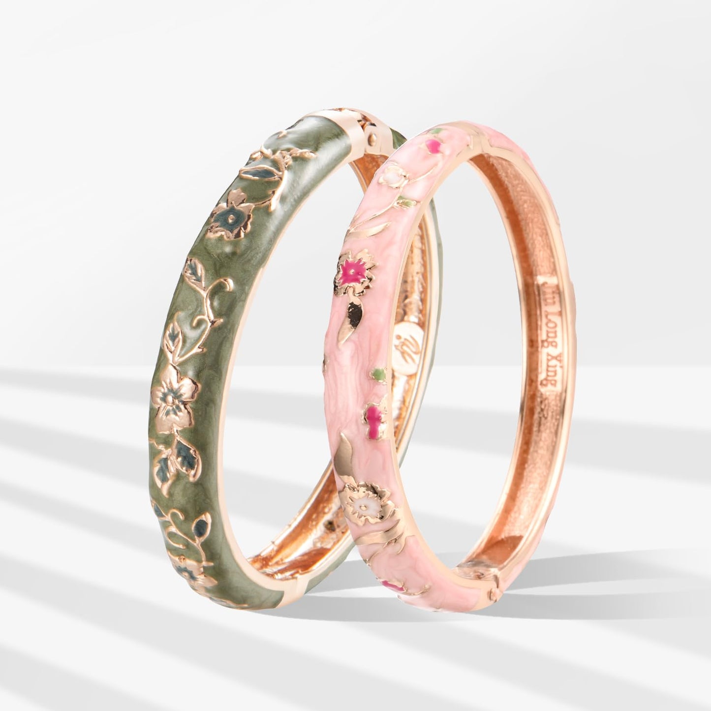 UJOY Elegant Bracelet Plated Enameled Jewelry Spring Hinge Metal Cuff Cloisonne Bangles Set Gift Box Packed 55A82-55A111 Green Pink