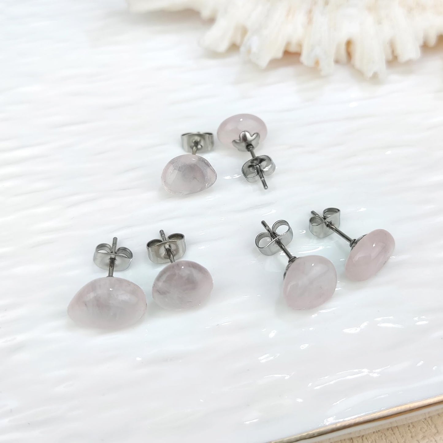 ZILENIU Rose Quartz Stud Earrings, 8-12mm Pink Stone, Handmade, Hypoallergenic Stainless Steel, Casual Wear
