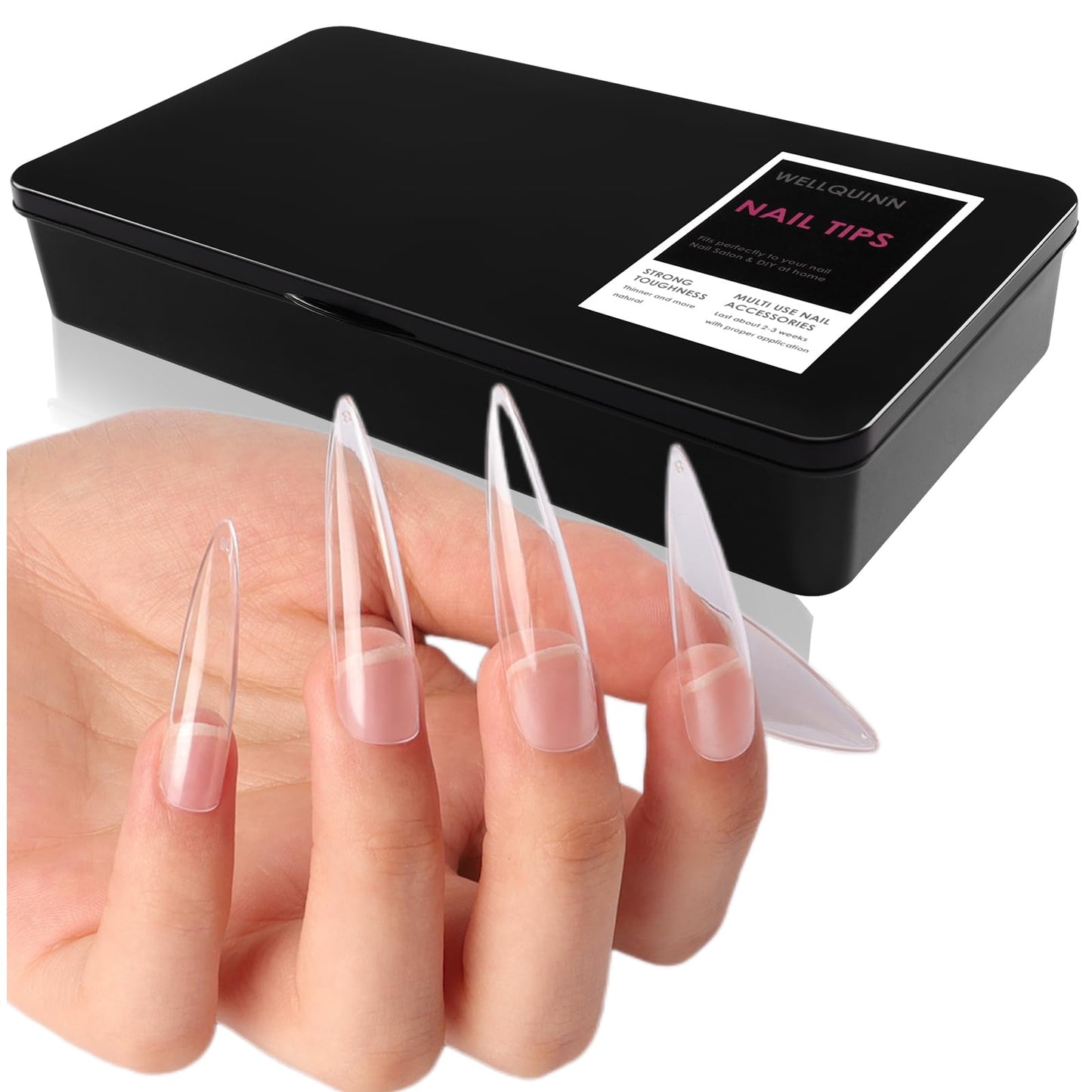 WELLQUINN Stiletto Nail Tips, 360PCS Full Cover Clear ABS False Nails for Acrylic Nails, DIY Nail Art & Manicure Salon, 12 Sizes