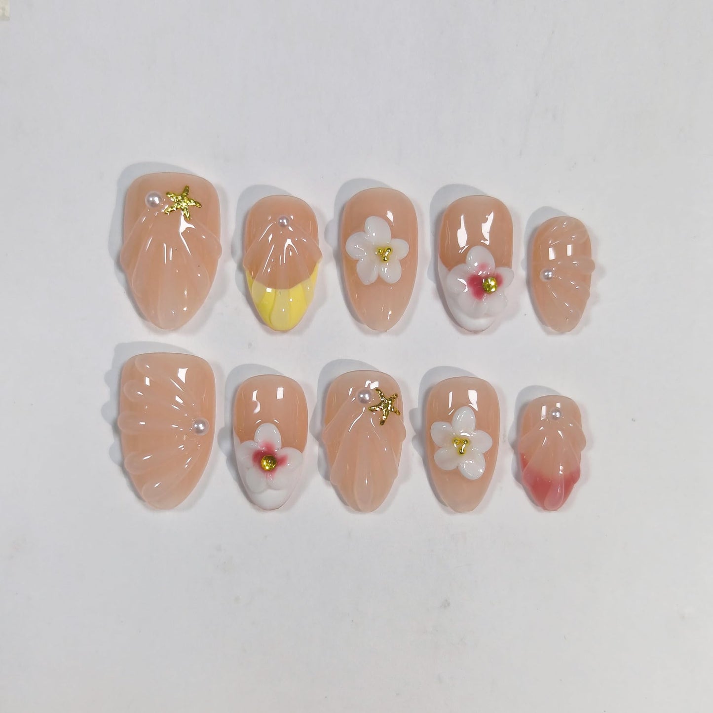 TENPAL Warm Yellow French Tips Press on Nails Short Oval with 3D Floral, Handmade & Reusable, Cute Sheer Soft Sunny Style False Nails for Clean Daily Wear(M)