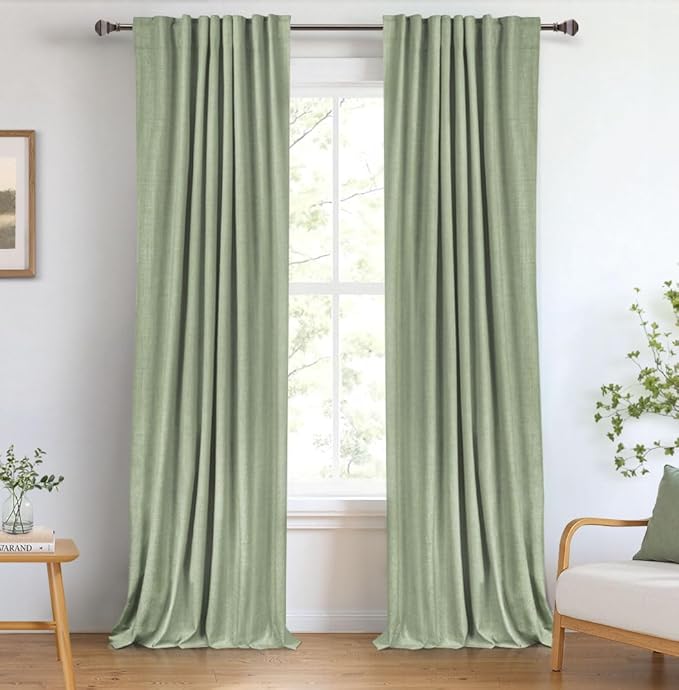 100% Blackout Shield Linen Blackout Curtains for Bedroom 84 Inches Long, Back Tab/Rod Pocket Living Room Drapes, Thermal Insulated Blackout Curtains 2 Panels Set, 50" W x 84" L, Sage