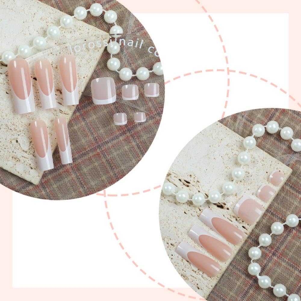 48Pcs White French Tips Press on Nails Nude Pink Press on Toenails Medium Long Square Glue on Nails with Designs Full Cover Skintones False Nails Glossy Summer Fake Toenails for Women DIY Manicure