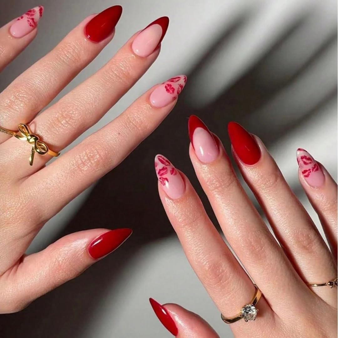 Valentine's Day Press on Nails Medium Almond Fake Nails Red French Tip False Nails with Lips Design Glue on Nail Full Cover Artificial Acrylic Stick on Nail for Women Manicure 24Pcs