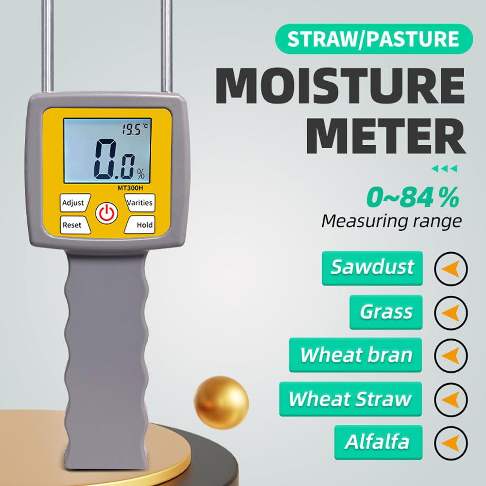 Hay Moisture Tester, Portable Hay Moisture Meter with Probe & Backlight LCD Display for Hay, Froage Grass, Leymus Chinensis, Alfalfa and Other Hays Moisture Testing