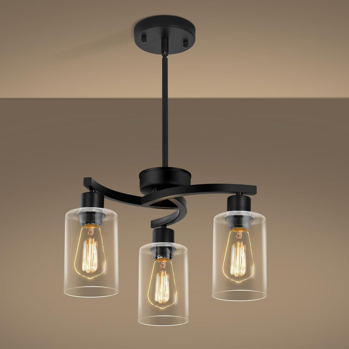 3-Light Modern Farmhouse Black Pendant Lights Kitchen Island, Adjustable Height Contemporary Chandeliers for Dining Room Light Fixture Hanging, Clear Glass Shade