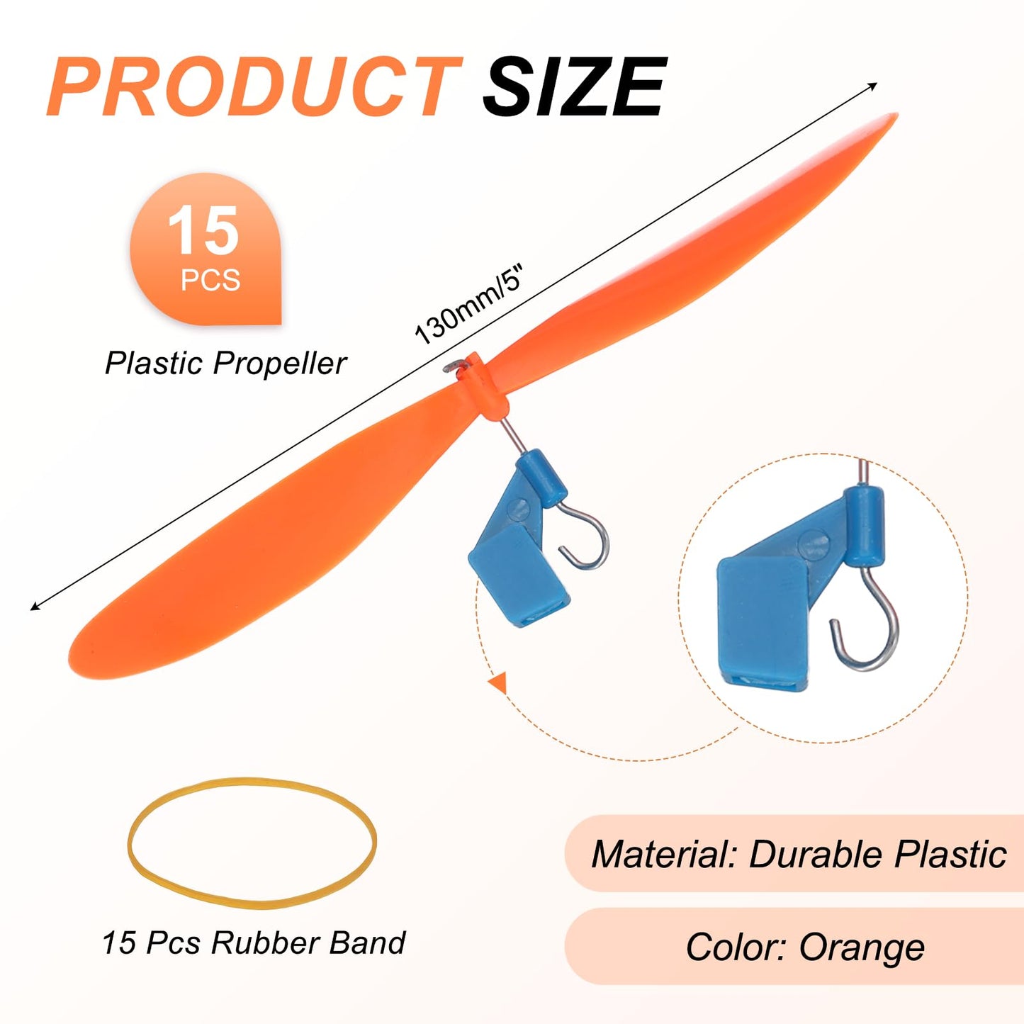 MECCANIXITY Plastic Propeller, Propeller Props Blade with Rubber Band Hooks Helicopter Kit 5" Fold Resistant for STEM Activities Powered Airplanes DIY Science(Orange, Pack of 15)