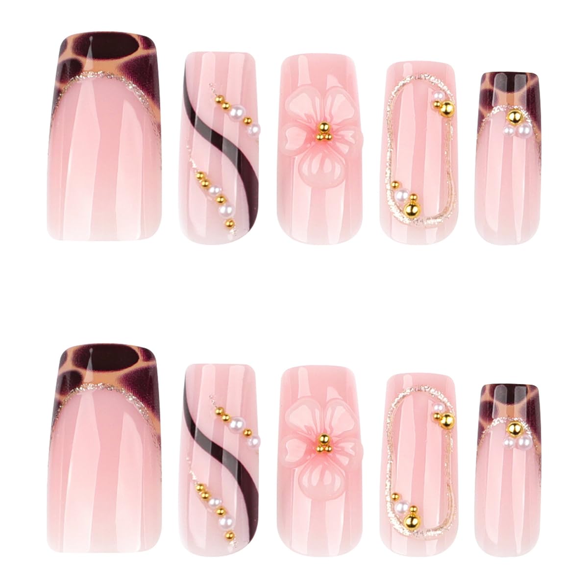 Pink Press on Nails Medium Square Nails Press ons with 3D Flower & Pearl Chain Design French Tip Fake Nails Reusable Full Cover Glue on Nails for Women Manicure Kit 24Pcs