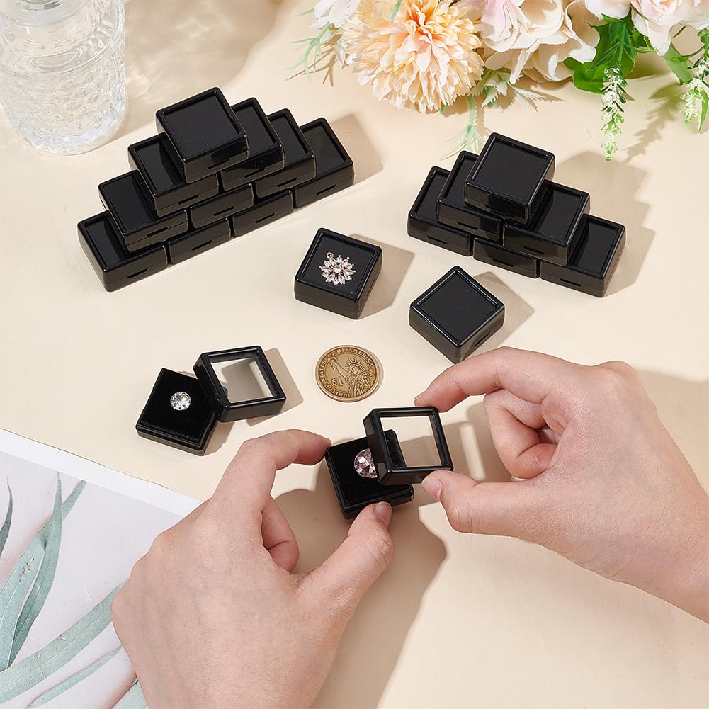 BENECREAT 70 Pack Black Gemstone Display Box, 1.16x1.16x0.63Inch Plastic Square Jewelry Storage Box with Clear Top Lids